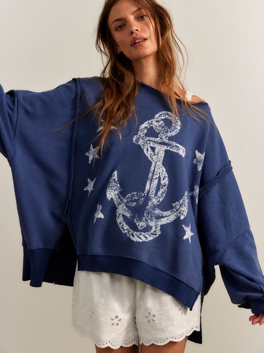 Free People Camden Pullover Navy Anchor Graphic Pullover Sweatshirt